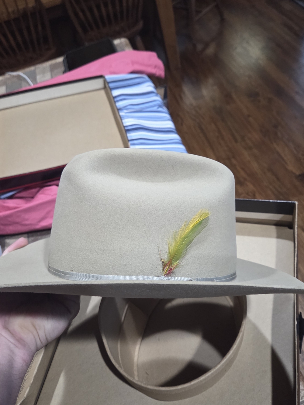 Stetson Beige Felt Fedora with Yellow Feather
